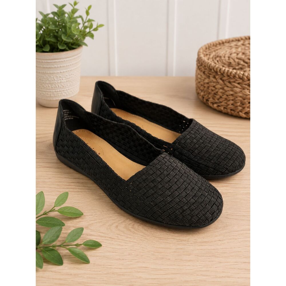 Comfortview Black Woven Slip On Flats "Bethany" Womens 9.5 M Comfort Shoes